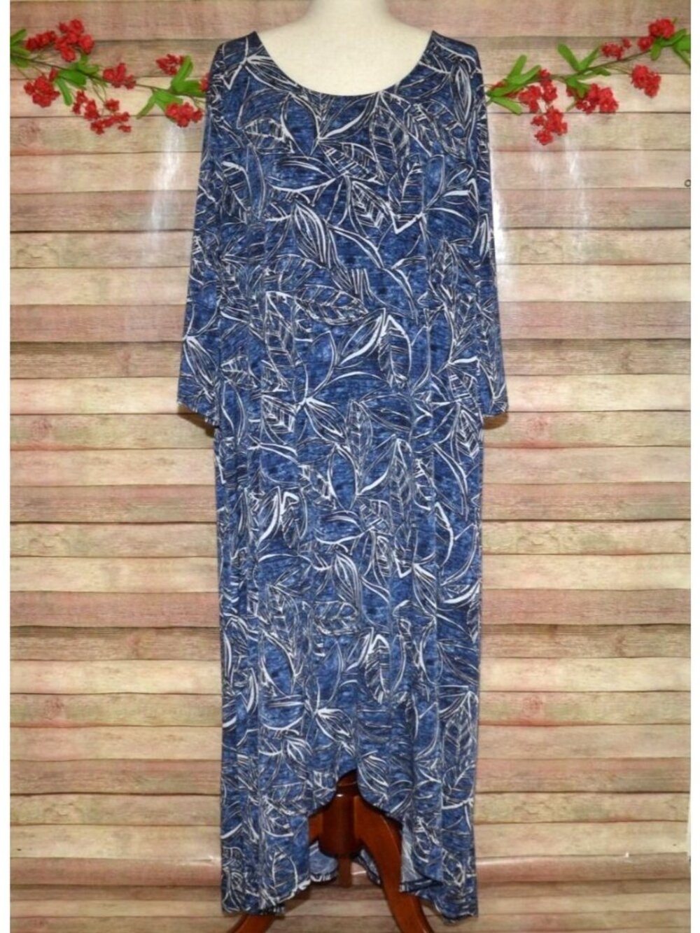 ANY WEAR by Catherines 3X Dress Blue Leaf Print Maxi High Low Hem 3/4 Sleeve